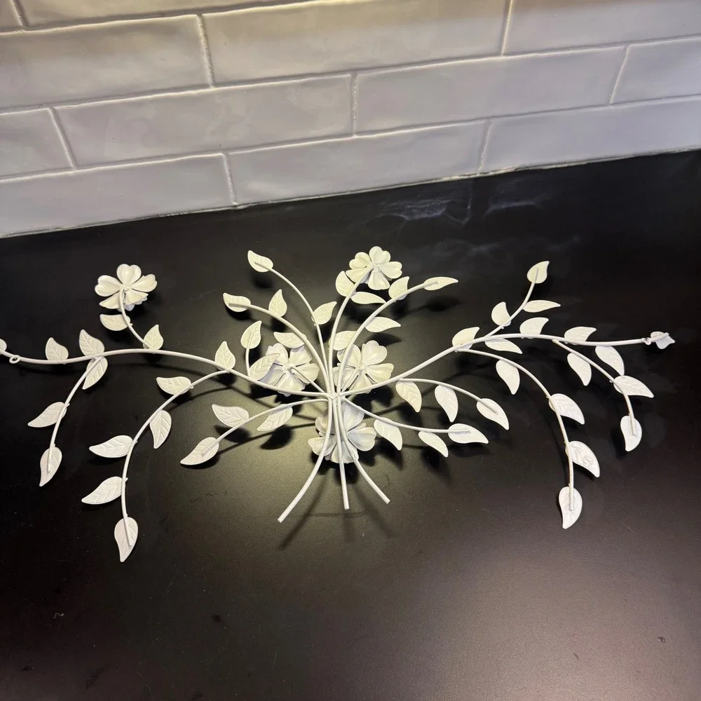 Metal Floral Wall Art Home Decor 28in Cream Gold Distressed Shabby Chic Spray
